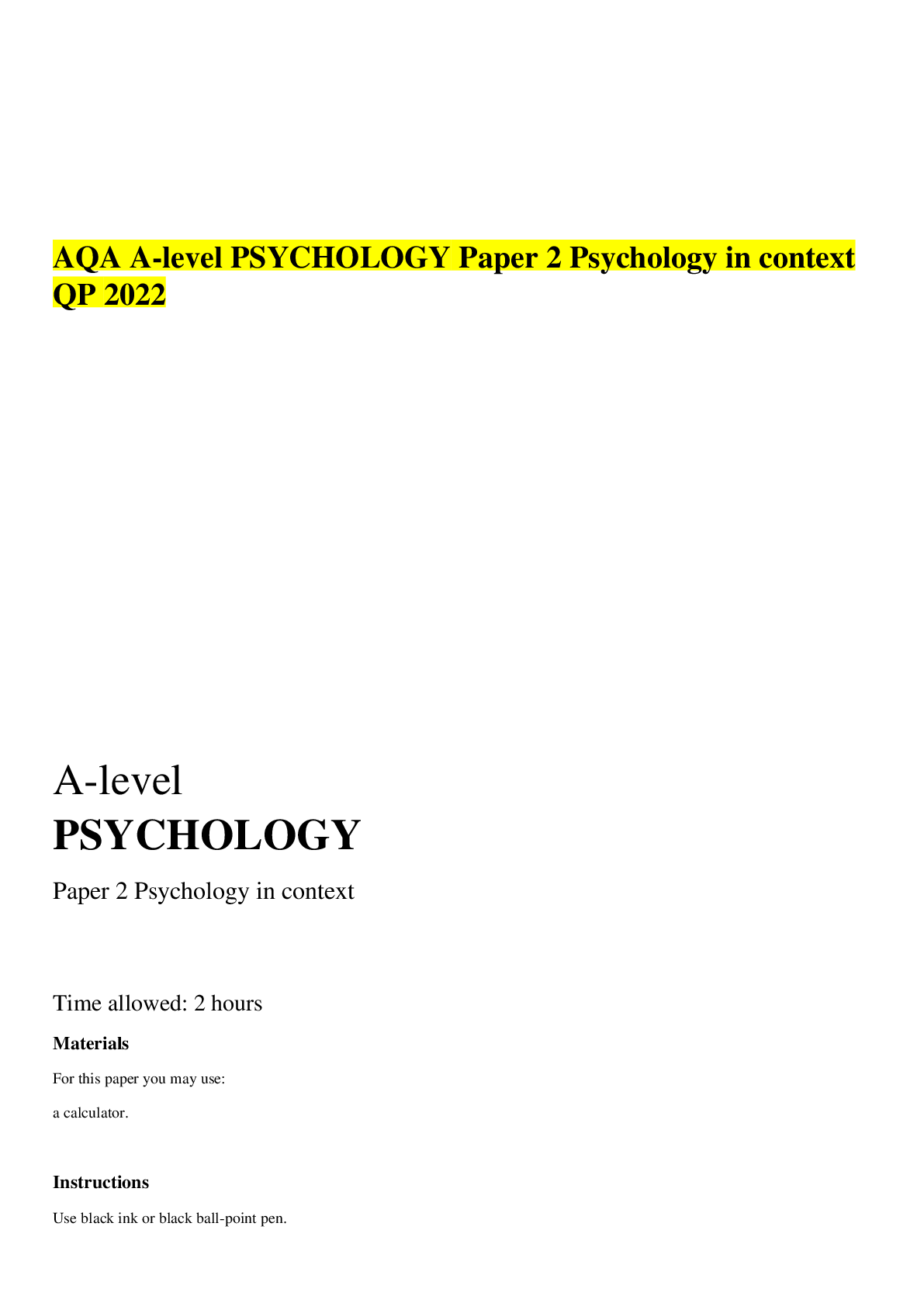 Preview image for AQA A-level PSYCHOLOGY Paper 2 Psychology in context _QP_2022